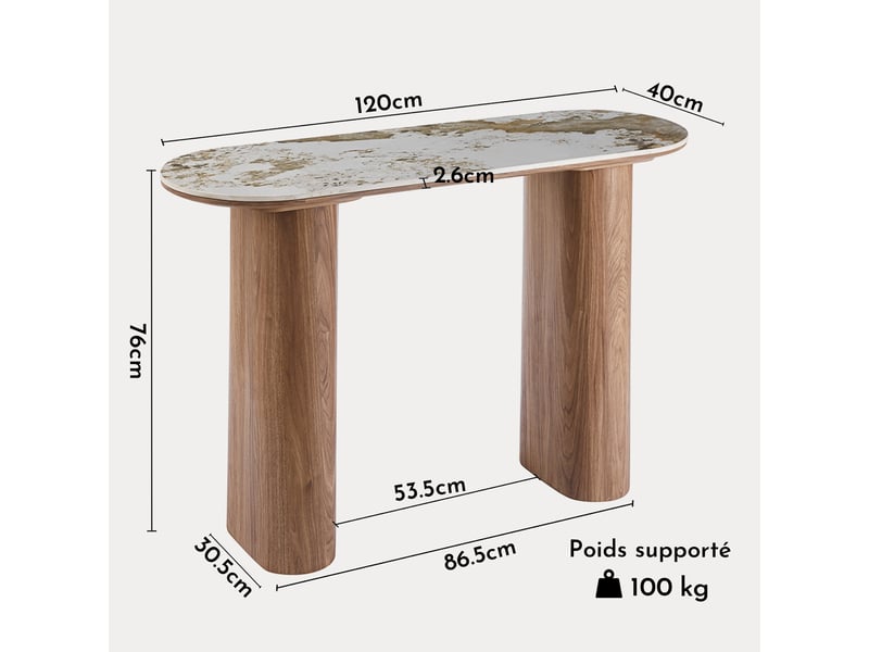 Evora - console en pierre frittée blanc pieds couleur bois clair 120 cm EVORA-CONS-BLA-BOI-120 - Conforama E