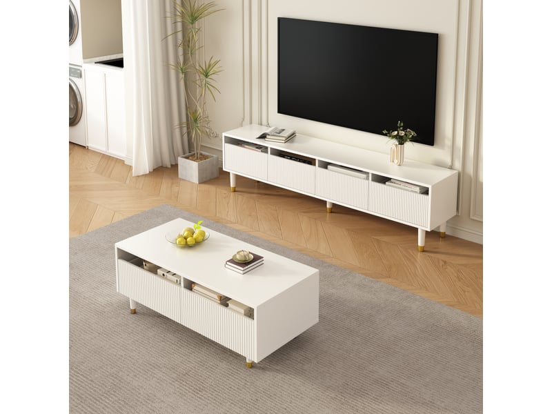  Ensemble meuble tv 4 portes et table basse 2 tiroirs 110x50x40 cm blanc doré mdf led evarich - Conforama B