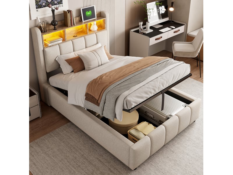  Lit simple coffre 90x200 cm à led, usb et usb-c, tissu en lin beige  - Conforama C