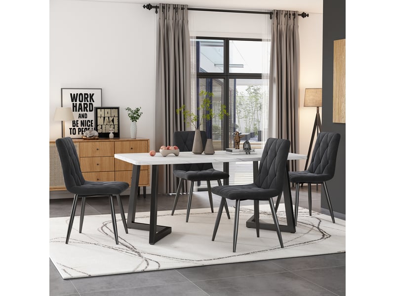  Ensemble table à manger avec 4 chaises, table rectangulaire 117 x 68 cm, plateau effet marbre blanc et velours gris foncé  - Conforama C