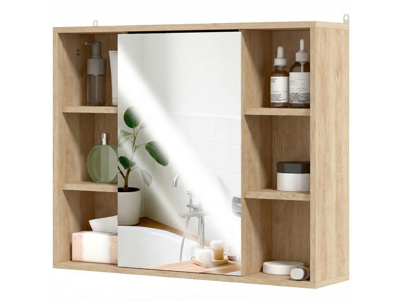  Meuble salle de bain avec miroir, placard à portes et 6 compartiments ouverts, 60 x 14,5 x 49,4 cm, bois naturel  - Conforama B