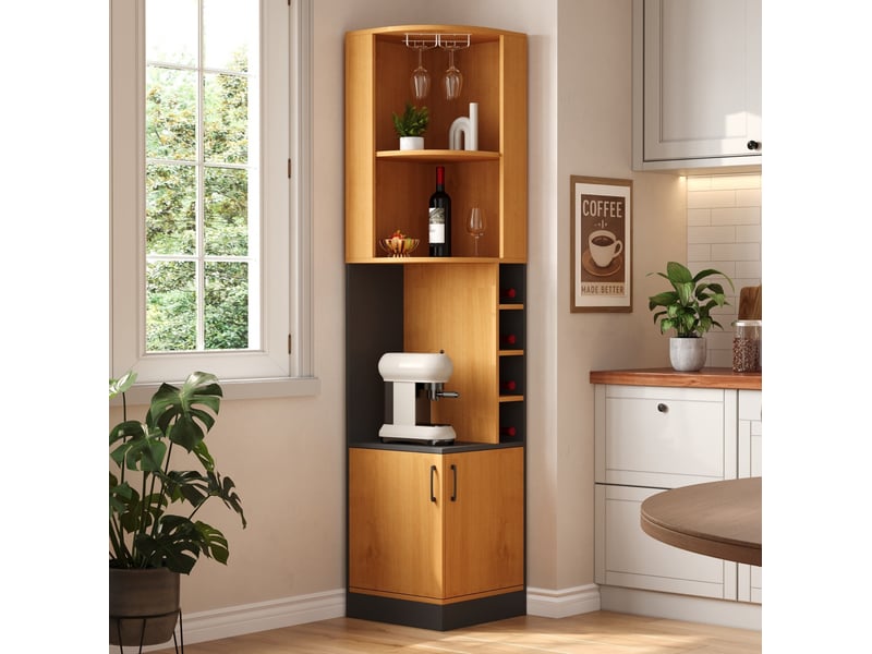  Meuble d’angle à vin 40x40x182 cm, mdf coloris naturel, rangement à la verticale, porte-verres intégré  - Conforama D