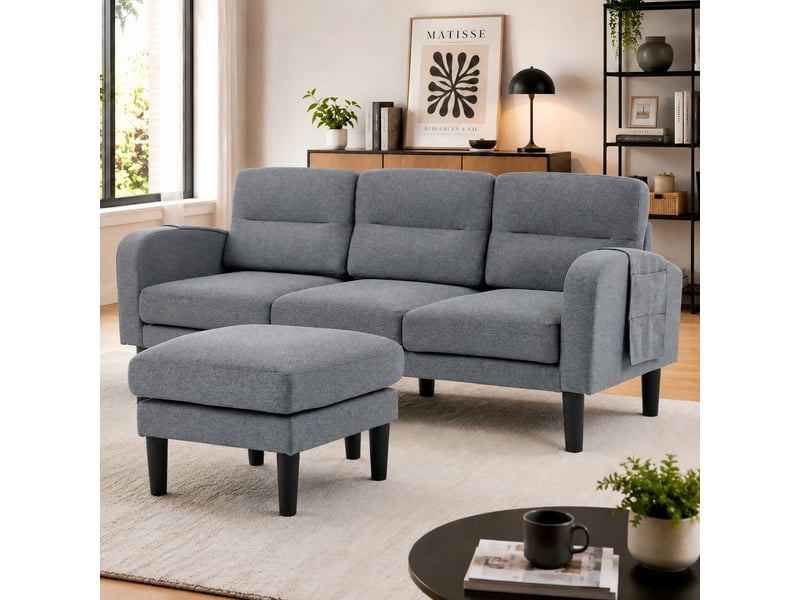 Canapé d'angle en l gris, 3 places avec méridienne confortable, canapé modulable en tissu avec poches de rangement pour salon, 204x136x80 cm - Conforama B