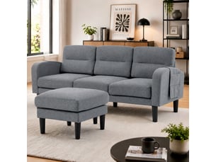 Canapé d'angle en l gris, 3 places avec méridienne confortable, canapé modulable en tissu avec poches de rangement pour salon, 204x136x80 cm