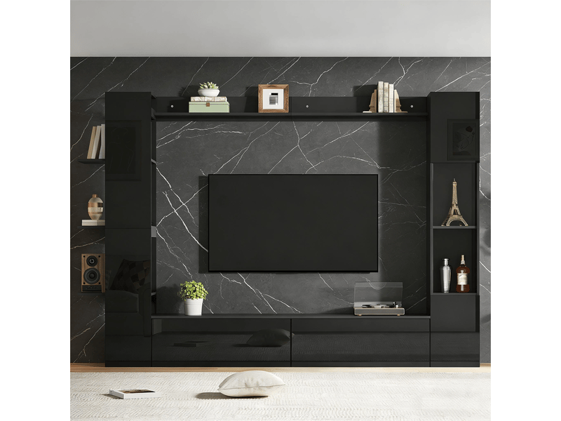 Meuble tv mural avec rangements intégrés, vitrines et étagères ouvertes, grande largeur 245 cm, finition noire brillante - Conforama D