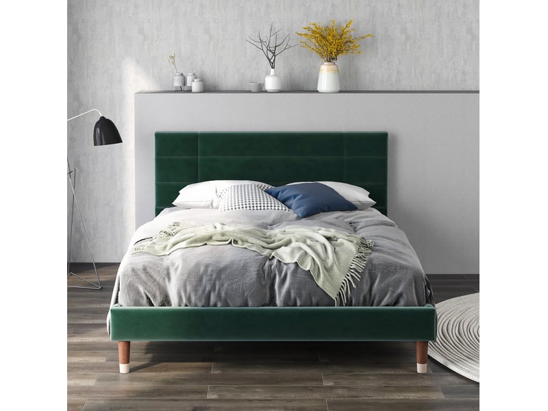  Lit adulte double 140x200 cm en velours vert foncé avec sommier à lattes et matelas  - Conforama D