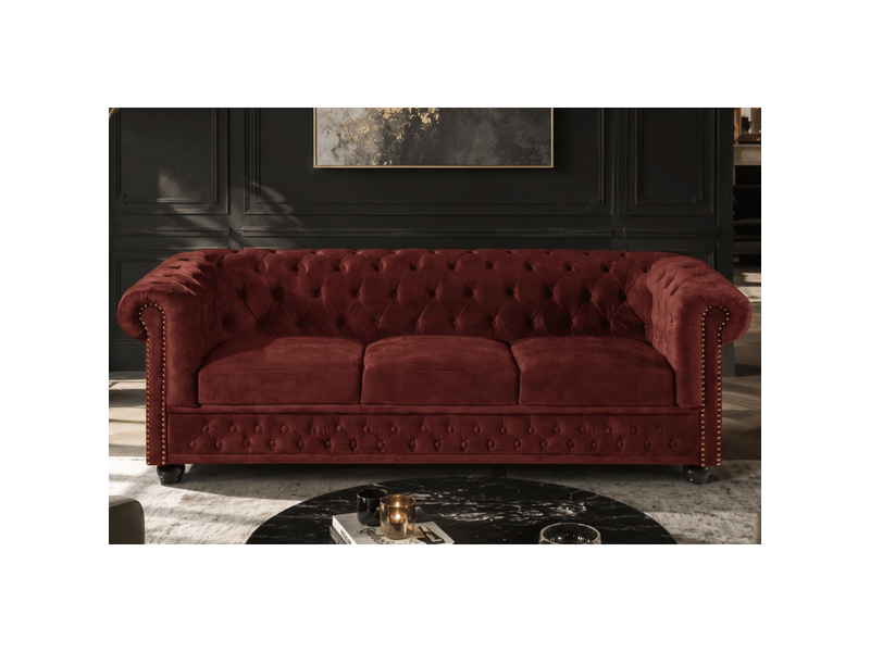  Canapé droit chesterfield edgar 3 places en velours capitonné – rouge rubis – 205 x 72 x 85 cm  - Conforama E