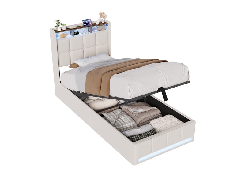  Lit enfant coffre 90x200 cm avec rangements, lit simple, tête de lit à ailes avec niche intégrée, tissu lin beige, sans matelas  - Conforama A
