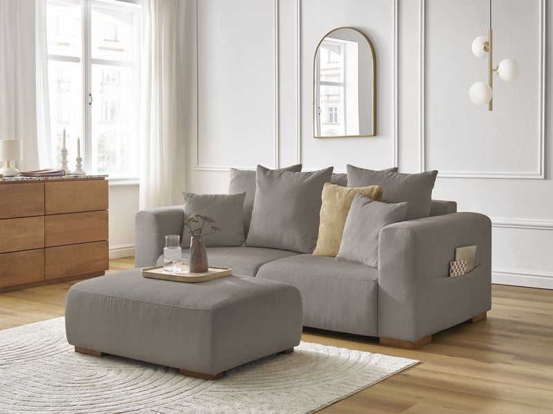  Bobochic canapé droit fixe 2 places sidonie velours côtelé avec pouf taupe SIDONIE - Conforama B