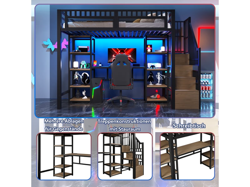  Lit surélevé 90 x 200 cm noir, structure métallique, échelle avec rangement, bureau, led et usb, sans matelas  - Conforama D
