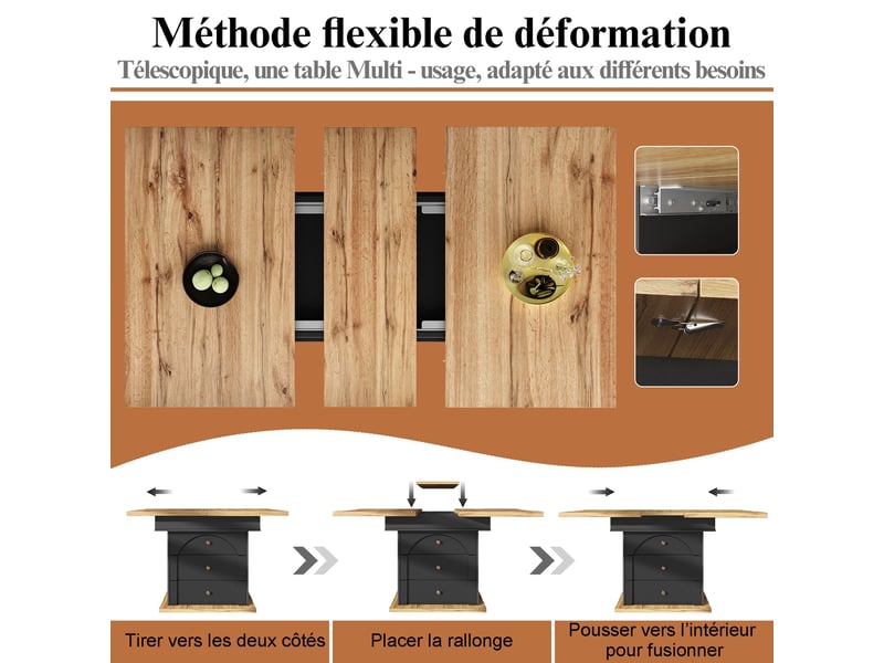 Table à manger extensible noir et naturel, rangement, pliable, étagères réglables, fermeture douce, solide - mdf - 110-140x80cm - Conforama C