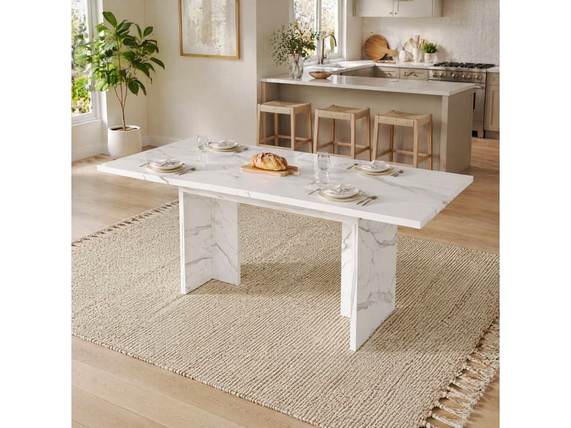 Table extensible 6 à 8 personnes avec rallonge escamotable et plateau épais, en mdf blanc marbre, 140–180 × 80 cm - Conforama C