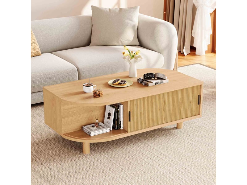  Table basse 100x50x35 cm en mdf avec 2 portes coulissantes, rangement intégré, pieds en bois et design effet bois naturel - naturel  - Conforama E