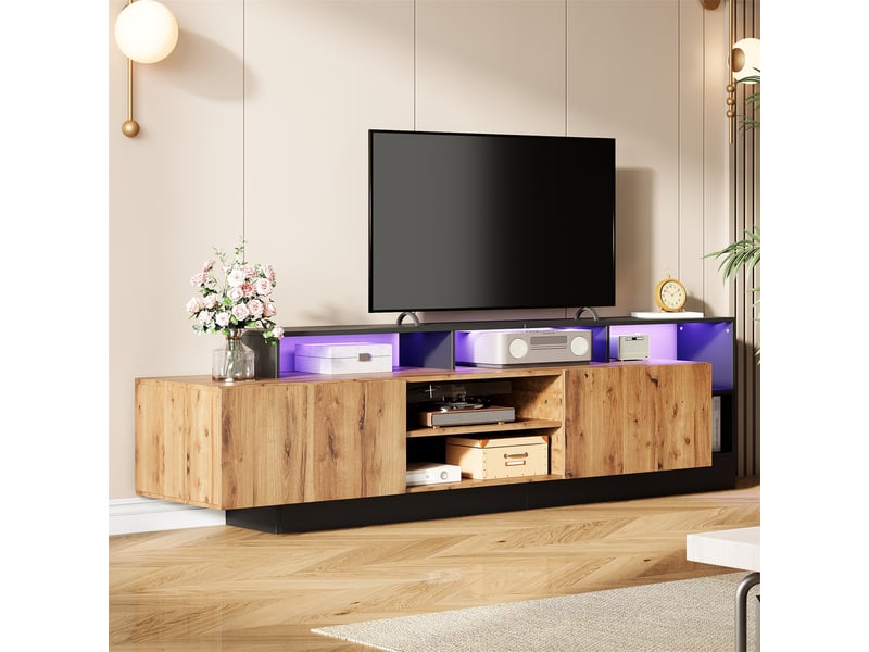  Meuble tv moderne 190 cm jusqu’à 70 pouces, finition chêne et noire, rangements ouverts, portes abattantes et éclairage led usb  - Conforama B