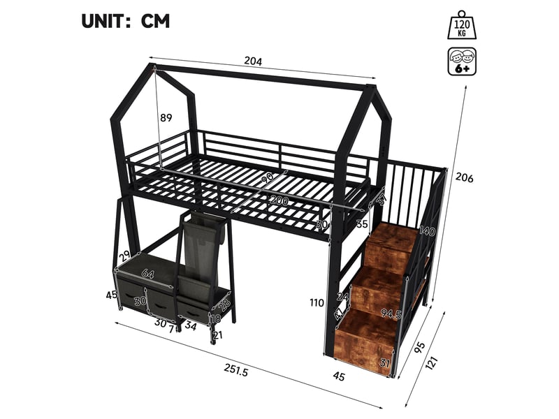  Lit mezzanine 90x200 cm, lit combiné, tiroirs de rangement, échelle, rangements intégrés, éclairage led, support à lattes stable, mdf et métal noir CozyNest - Conforama C