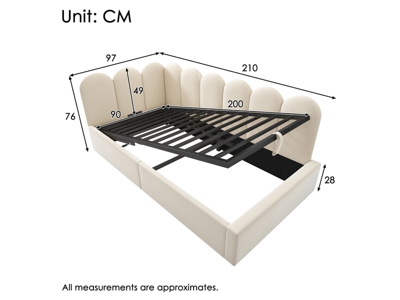  Lit banquette 90x200 cm rembourré, rangement hydraulique, dossier et structure en l, velours beige  - Conforama C