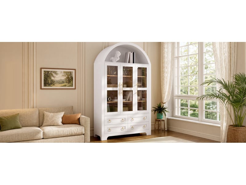Buffet blanc 110x40x185 cm mdf et panneaux de particules 3 portes vitrées 4 tiroirs rangement ouvert Sol Morn - Conforama E