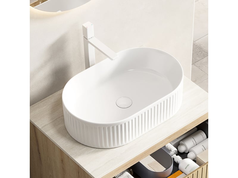  Lavabo à poser ovale en céramique blanche avec trou standard pour robinet, résistant aux taches et à l'eau, 61×43×25 cm  - Conforama C