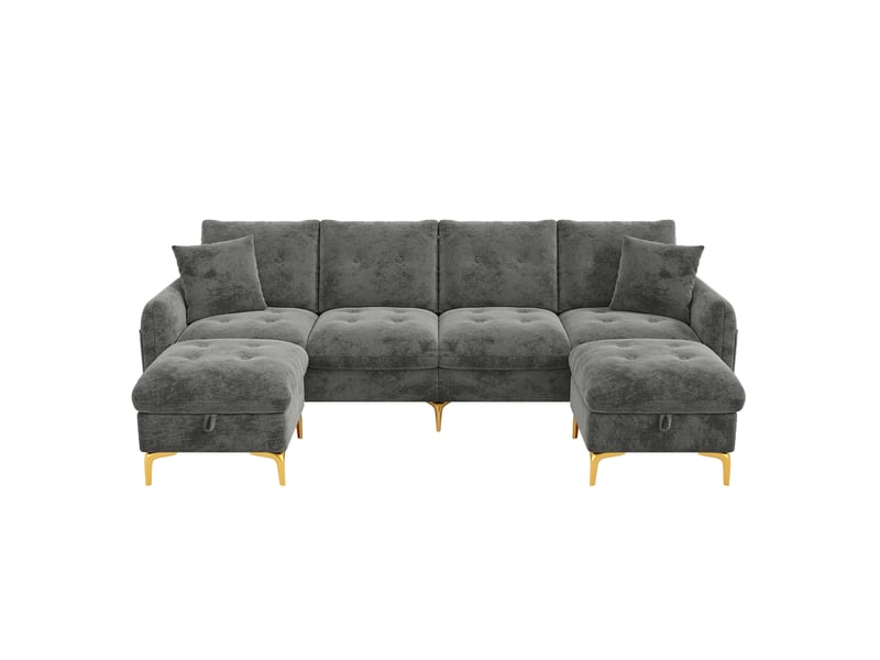 Canapé-lit modulable 4 places 263 x 137 cm gris chenille, 2 poufs de rangement et coussins décoratifs  - Conforama A