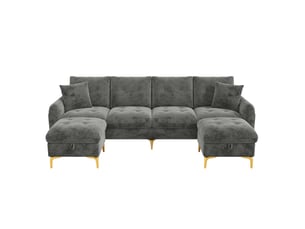 Canapé-lit modulable 4 places 263 x 137 cm gris chenille, 2 poufs de rangement et coussins décoratifs