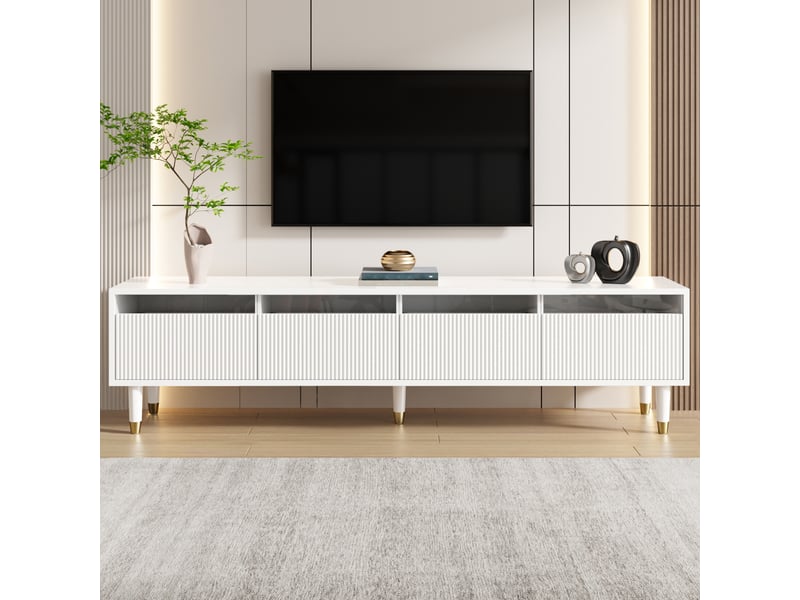  Meuble tv avec 4 tiroirs et passe-cables, design minimaliste pour salon, en mdf, blanc, 178 x 35 x 45 cm  - Conforama C