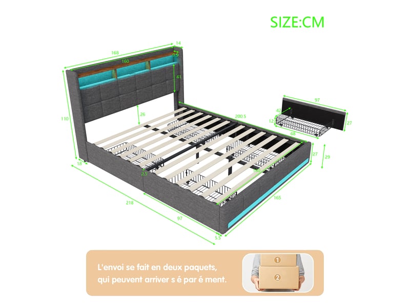  Lit 2 personnes 160 x 200 cm avec sommier - 4 tiroirs - cadre de lit rembourré avec led intégrée et usb type‑c - lit coffre double avec rangement et tete de lit capitonné - 2 places- lin gris - chambre adulteado - sans matelas -…  - Conforama D