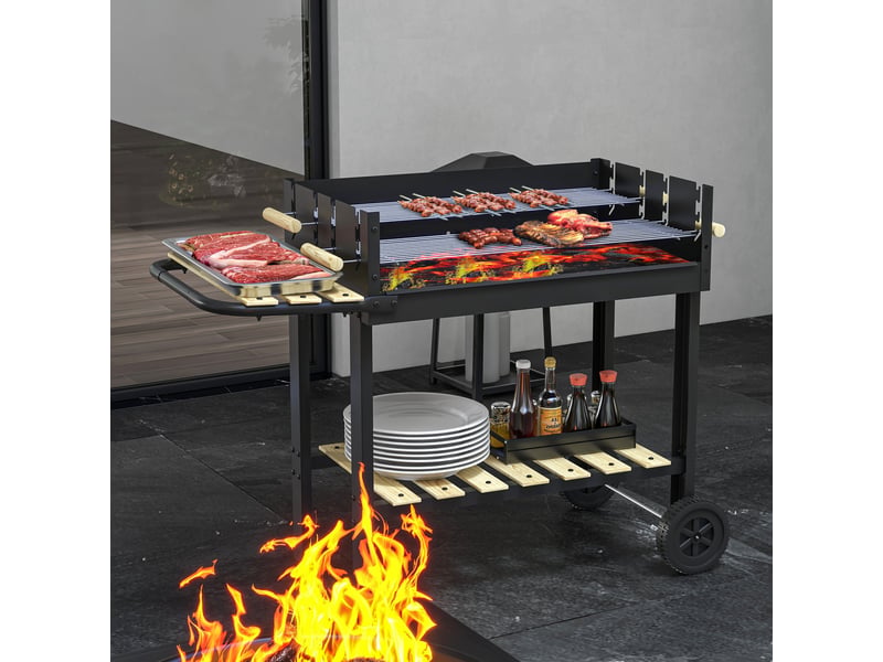  Barbecue à charbon bbq grill sur pied avec double gril réglable 2 roues et 2 étagères dim. 113l x 53,5l x 82,5h cm noir  - Conforama D