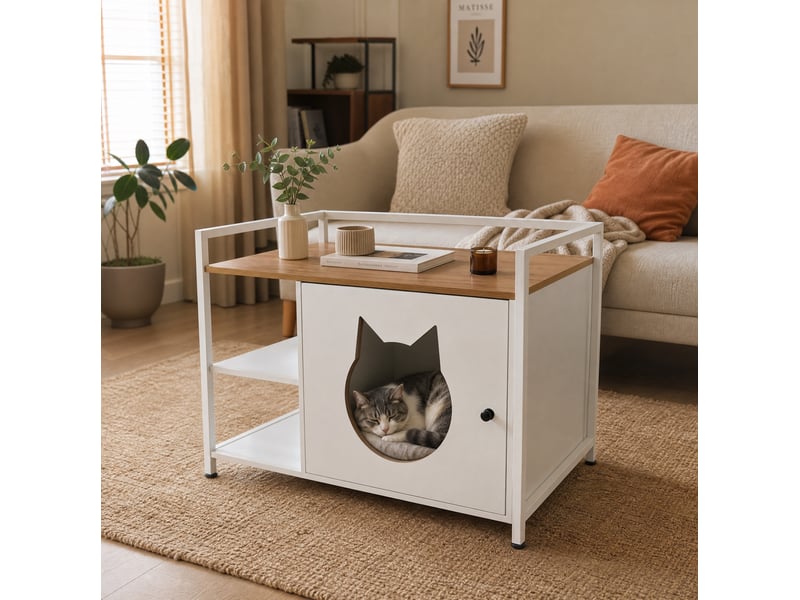  Table basse 76x54x59 cm avec rangement en mdf et métal couleur blanc et chêne clair  - Conforama E