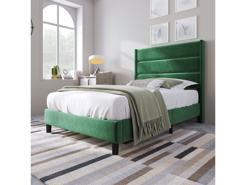  Lit rembourré, lit enfant 90x200 cm, sommier à lattes, velours vert, matelas inclus  - Conforama R