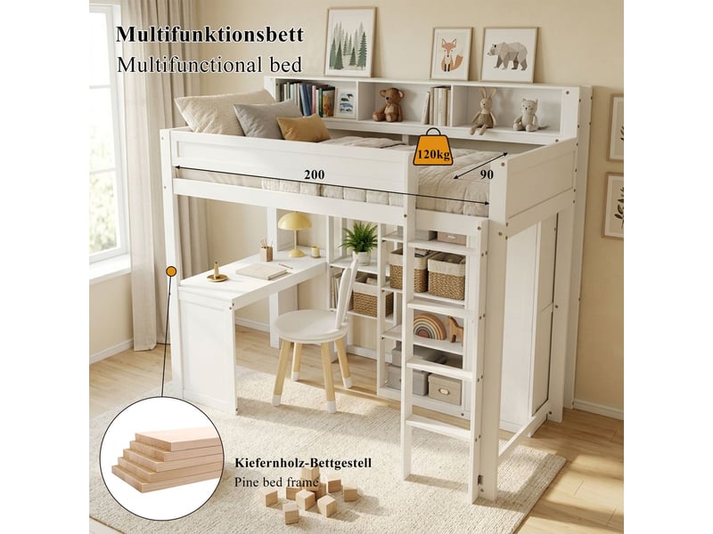 Lit enfant 90 x 200 cm lit simple structure superposée bureau intégré meuble penderie intégré barrière de sécurité étagères intégrées échelle à quatre marches rangement intégré pin mdf et contreplaqué - Conforama D