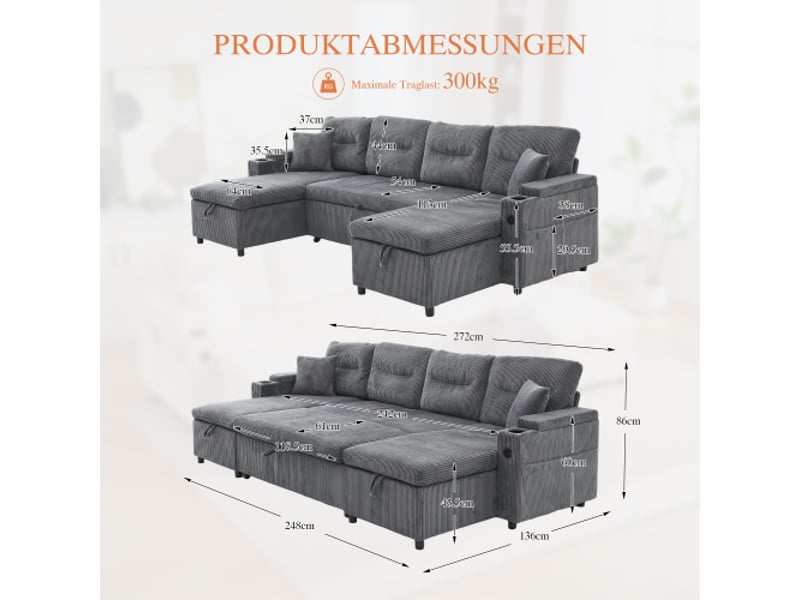  Canapé d'angle convertible ,4 places,  avec méridiennes double face, rangement, porte-gobelets,272x136x86 cm,gris anthracite  - Conforama C