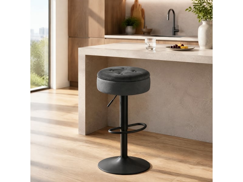  Tabouret de bar pivotant avec rangement, hauteur réglable et repose-pieds, en velours gris foncé  - Conforama C