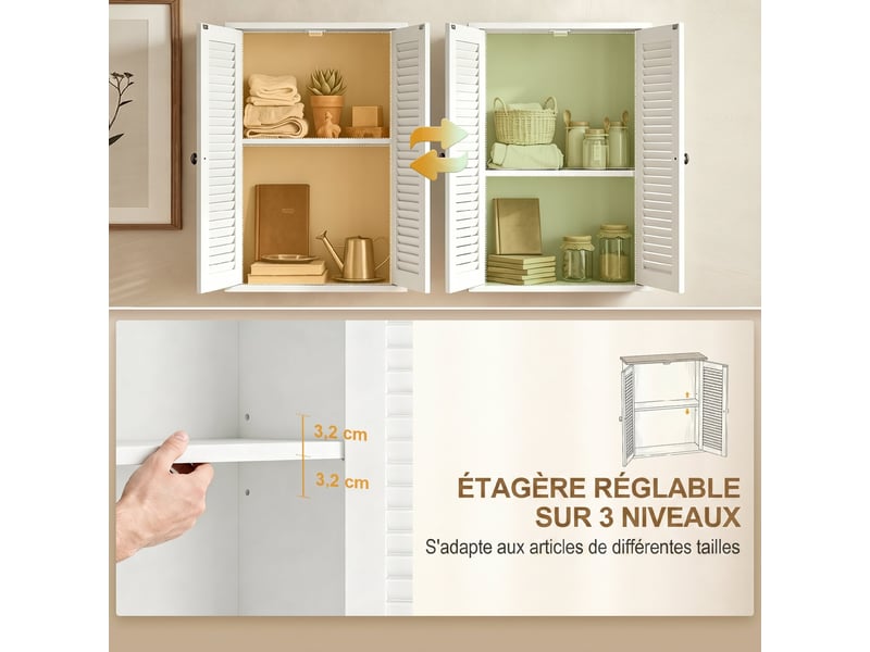  Armoire murale salle de bain blanche, 2 portes persiennées, étagère réglable, 51 x 18 x 61 cm  - Conforama W