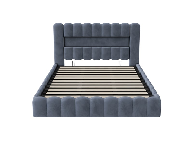  Lit coffre 2 places 180x200 cm, lit adulte avec rangement, compartiment, led, design simple, port usb, velours gris  - Conforama W