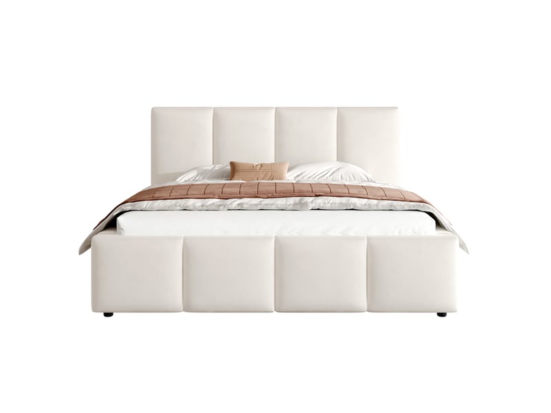 Lit plateforme 180x200 cm beige, tissu chenille, tête de lit rembourrée 11 cm, sommier à lattes inclus, structure anti-glissement - Conforama A