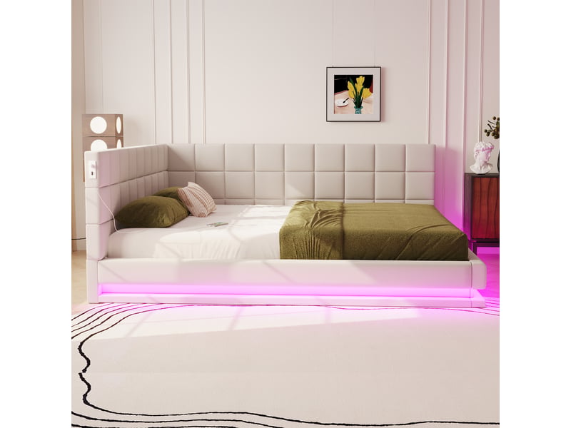 Lit banquette enfant 160 x 200 cm avec led, usb et sommier à lattes, lin, beige Fay Lum - Conforama E