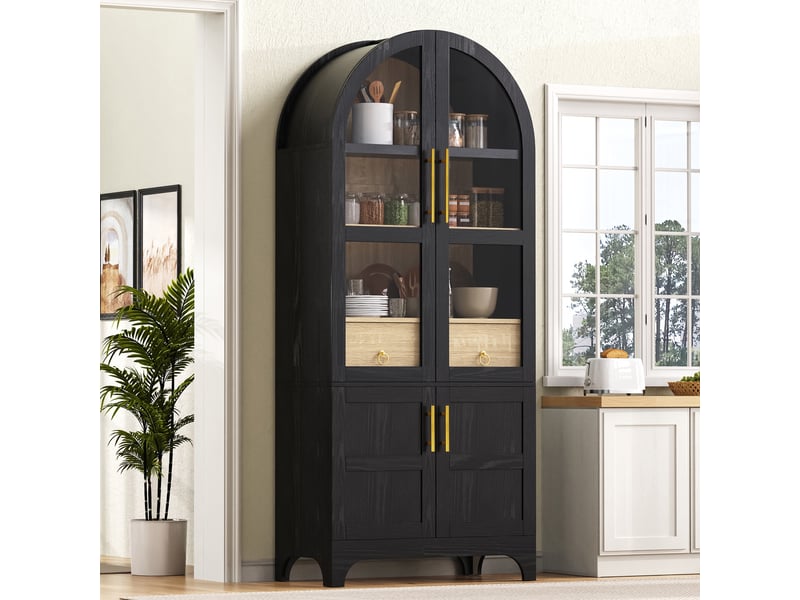  Buffet de cuisine- 76x40x180cm - meuble rangement cuisine verre cannelé en arche, 4 portes, tiroir - noir et bois chêne  - Conforama C