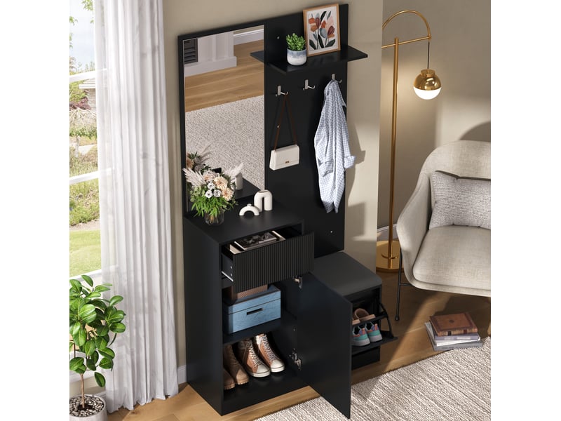 Meubles d'entrée avec miroir, meuble à chaussures, banc, patères et éclairage led, noir, 105 × 38 × 190 cm - Conforama C