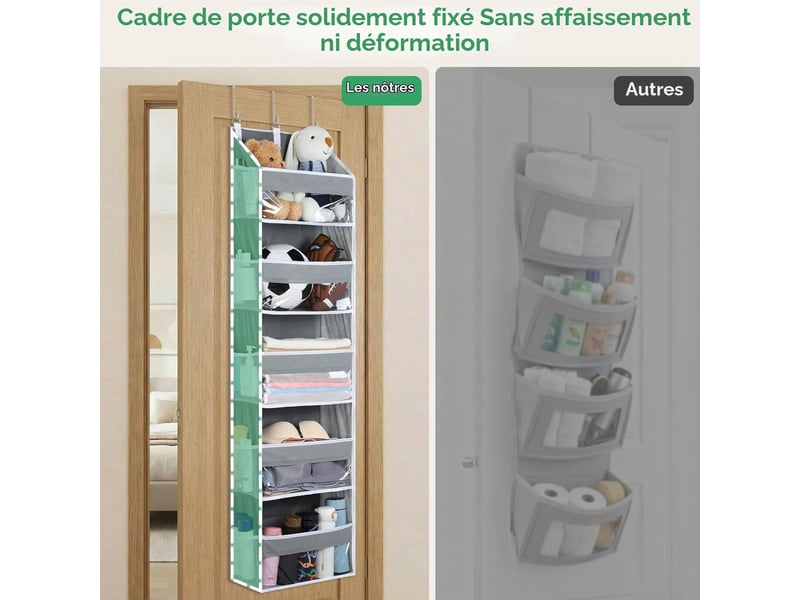 Organisateur de rangement suspendu pour porte (140 x 39 x 17 cm) avec 10 poches latérales et 3 crochets métalliques, gris - ysk0006159sjy YSK0006159SJY - Conforama E