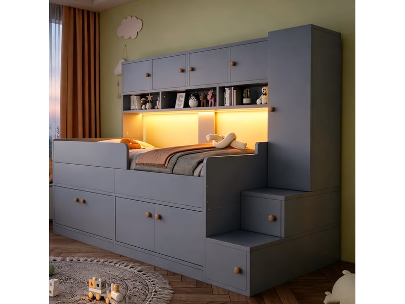 Lit enfant combiné 90 x 200 cm avec rangements, armoire, led et barrières gris - Conforama D