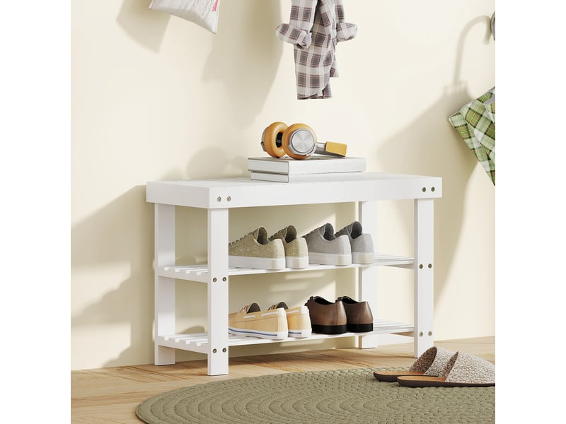  Banc à chaussures bas en bambou avec 2 étagères à lattes et assise, 70 x 28 x 45 cm, blanc  - Conforama C
