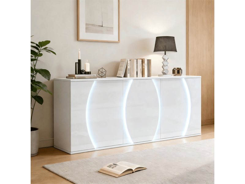 Buffet de salon, avec 3 portes, étagères réglables et éclairage led usb, panneau de particules, blanc, 150×40×70 cm  - Conforama B