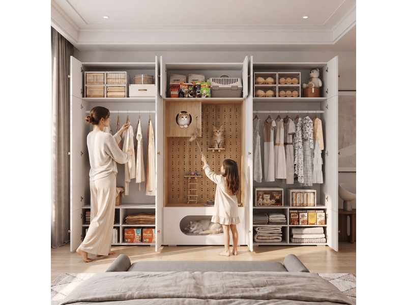  Armoire penderie avec espace chat 270x50x200 cm - vestiaire d'entrée multifonction blanc et bois  - Conforama W