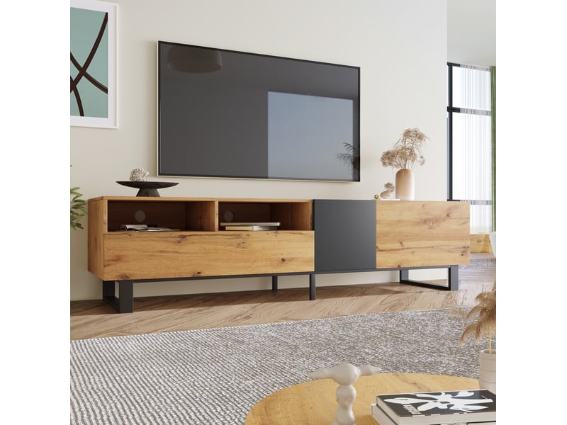 Meuble tv 180 x 38 x 50 cm en mdf, chêne et anthracite, 2 tiroirs, pieds métal  - Conforama B