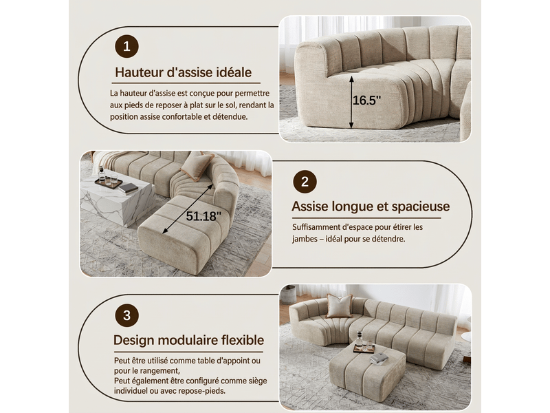 Canapé d'angle modulable 4 places marron - revêtement chenille, mousse haute résilience, modules indépendants - Conforama D
