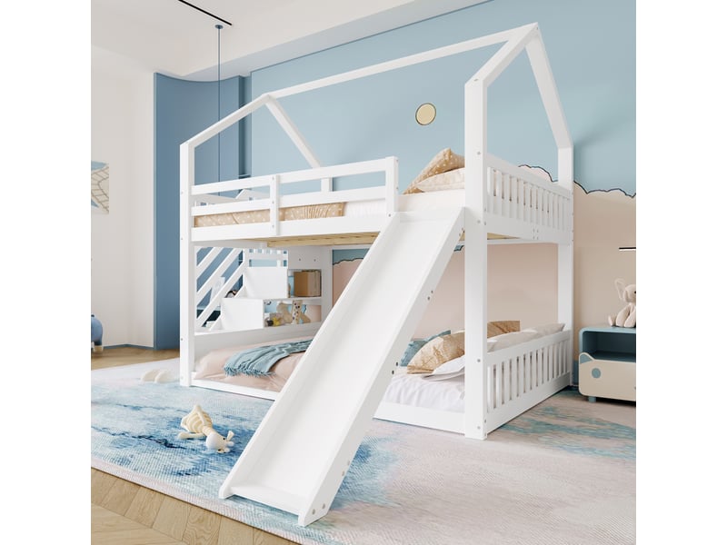 Lit superposé avec toboggan et escalier, lit cabane enfant 140x200 avec rangement, lit enfant blanc avec barrière de sécurité - Conforama D
