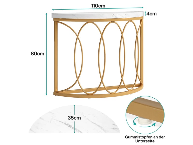  Table console demi-lune en mdf effet marbre blanc et métal doré 110x35x80 cm  - Conforama C