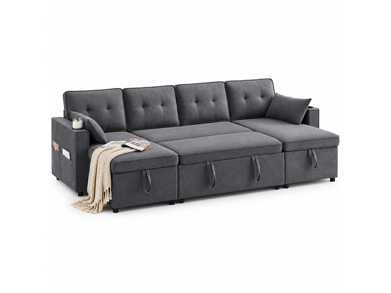  Canapé panoramique convertible 4 places avec coffres, porte-gobelets et poches latérales, tissu gris, 270 × 130 cm  - Conforama A