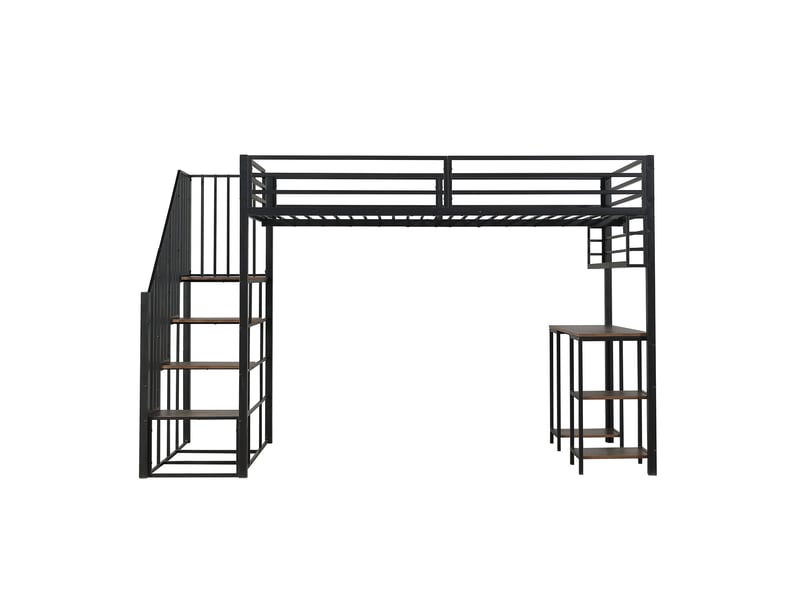 Lit mezzanine 120x200 cm, lit surélevé avec bureau intégré et étagères de rangement, avec escalier sécurisé et main courante, noir et noyer foncé - Conforama D