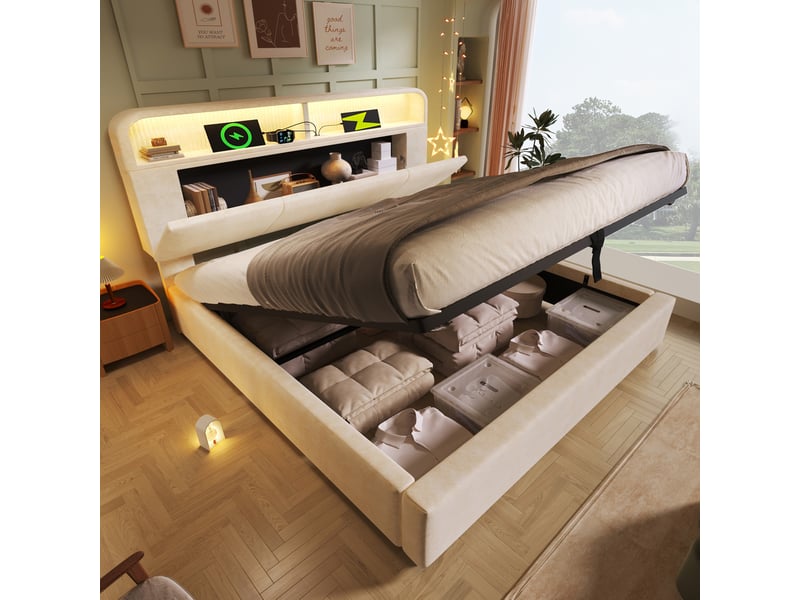  Lit coffre 180 x 200 cm beige en velours avec tête de lit réglable, led et station de charge  - Conforama B